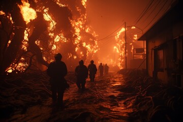 Dramatic apocalyptic night cityscape with explosion and shockwave seen from high rise building