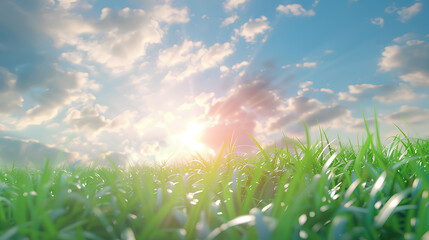 Vibrant green meadow stretching towards a horizon under a blue sky scattered with fluffy white clouds, conveying freshness and tranquility.
