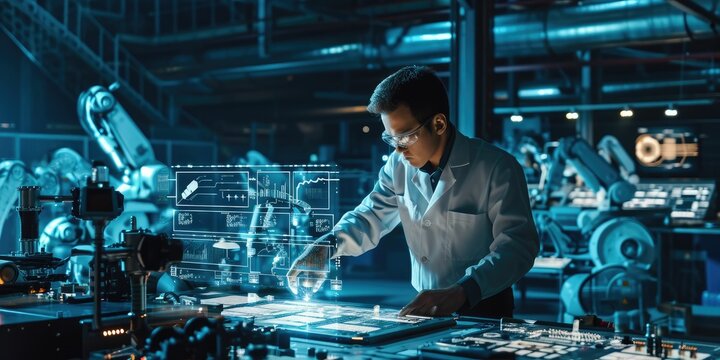Futuristic technology trend concept of smart industry 4.0 engineer use artificial intelligence robotic automation machine in factory Connecting data network software to monitoring, operating process