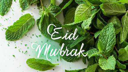 Fresh mint "Eid Mubarak" on a crisp white background.