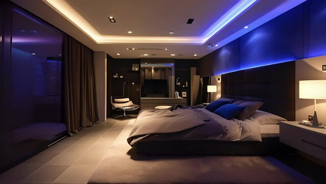A modern bedroom with smart lighting controls allowing the homeowner to adjust the brightness and color of the lights for any mood.