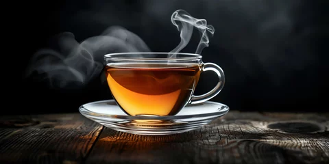 Deurstickers cup of hot tea on wooden table © Maizal