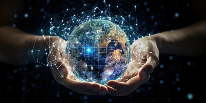 man hand holding night earth with global network communication technology including earth crptocurrency, blockchain, iot, 5g Earth day energy for envirionment Elements of this image furnished