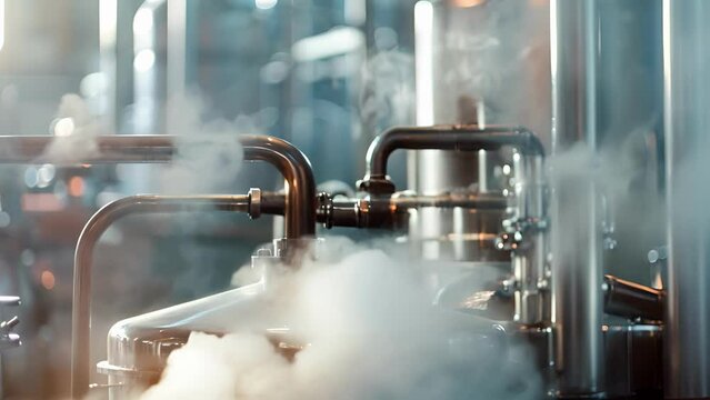 Steam and smoke billow out of an industrialsized distillation machine extracting essential oils from natural ingredients as part of the technological distillation process.