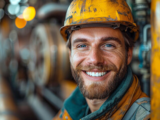 A young male worker in overalls and a hard hat smiles