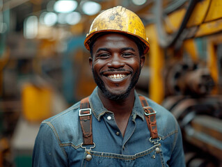 A black male worker in overalls and a hard hat smiles