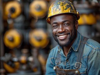 A black male worker in overalls and a hard hat smiles - obrazy, fototapety, plakaty