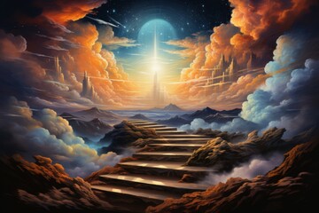 Mystical ancient stone staircase leading to glowing gates in sky divine palace transcendent lighting - obrazy, fototapety, plakaty
