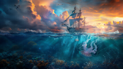 Ocean in half under water view with jelly fish and pirate sailing ship at sunset with dramatic...