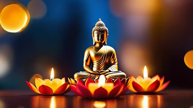 Buddha statue and plumeria flowers on bokeh background. lanterns and garlands made from flowers and candles. Concept holiday vesak day, religious, buddhism, lotus, sparkling background motion graphic