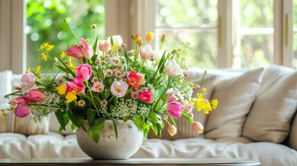 Bright and colorful spring flower arrangement in a stylish vase, placed on a table in a cozy living room setting.