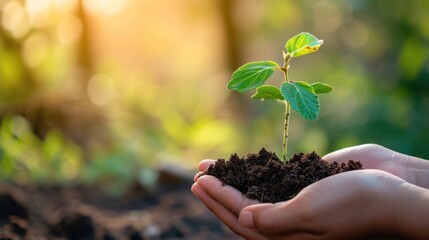 Hands holds small green plant seedling , copy space , sustainability concept