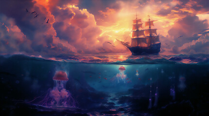Naklejka premium Ocean in half under water view with pink jelly fish and pirate sailing ship at sunset with dramatic clouds