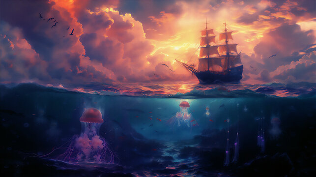 Ocean in half under water view with pink jelly fish and pirate sailing ship at sunset with dramatic clouds