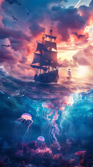 Ocean in half under water view with jelly fish and pirate sailing ship at sunset with dramatic...