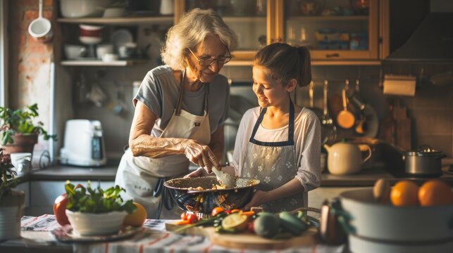 In a kitchen bathed in warm light, a grandmother lovingly teaches her granddaughter to cook, surrounded by fresh ingredients.