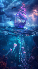 Ocean in half under water view with jelly fish and pirate sailing ship at night with lightning and...