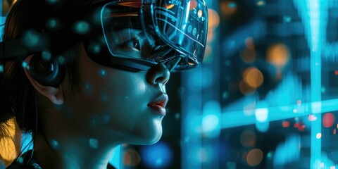 new normal in futuristic technology concept in smart glasses use augmented mixed virtual reality with using artificial intelligence, machine learning, digital twin, 5g, big data, iot, vr , robot
