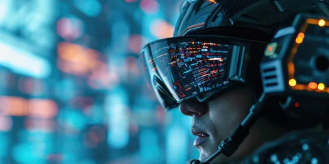 Fotobehang new normal in futuristic technology concept in smart glasses use augmented mixed virtual reality with using artificial intelligence, machine learning, digital twin, 5g, big data, iot, vr , robot © PNG City