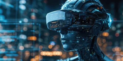 new normal in futuristic technology concept in smart glasses use augmented mixed virtual reality with using artificial intelligence, machine learning, digital twin, 5g, big data, iot, vr , robot