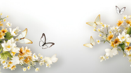 Easter Spring  flowers of fresh beauty  with flying butterflies background