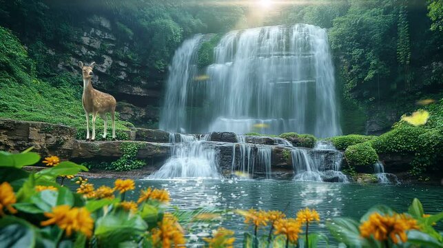 rainforest misty waterfall and river landscape at vibrant sunlight, video HD