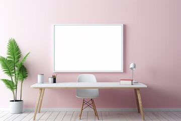 A visually appealing office interior captured in HD, featuring a blank white empty frame, minimalistic aesthetics, mockup style, and a palette of simple yet vibrant colors.