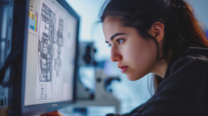 An accomplished female engineer using a CAD model - obrazy, fototapety, plakaty