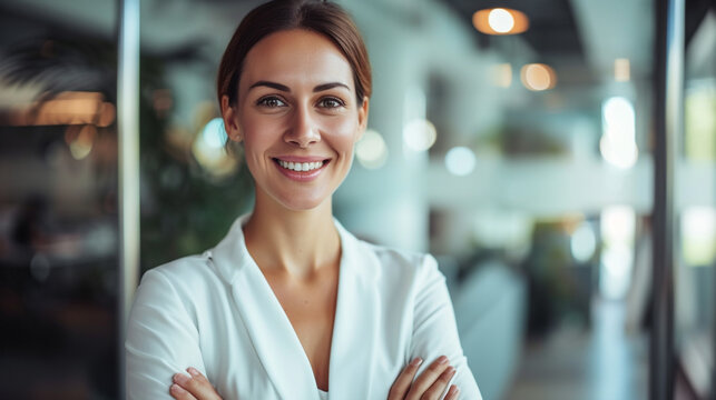 An image depicting a confident and upbeat businesswoman with a smile in a modern office setting