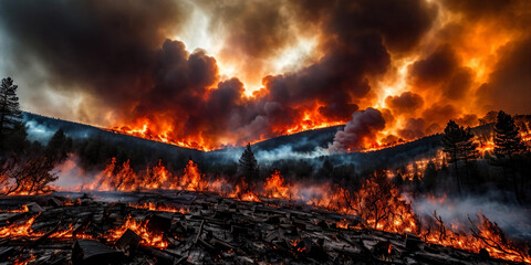 The intensity of a raging wildfire as it engulfs a forest in flames - obrazy, fototapety, plakaty