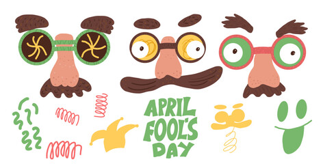 April fools day elements and lettering. Holiday banners design for greeting cards isolated on white background. Happy face mask vector hand drawn with handwritten text flat doodle illustration
