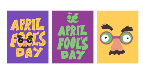 April fools day cards set. Holiday banners collection. Happy face vector hand drawn with handwritten text lettering flat illustration