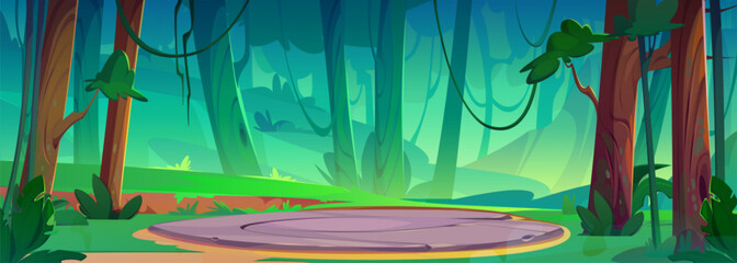 Naklejka premium Summer forest landscape with ground or stone place for camping. Magic game portal platform for level relocation. Cartoon vector countryside scenery with green trees and grass, round teleport area.