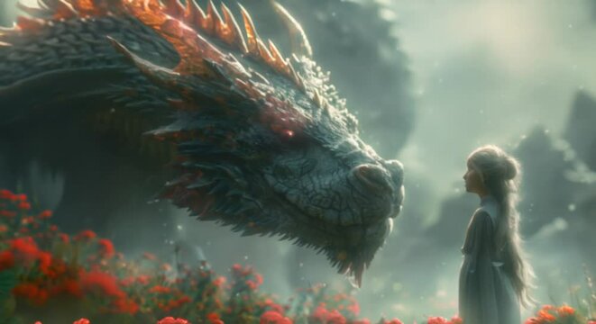 Fairy Tale Fantasy: A girl whose friend is a big dragon. beyond imagination