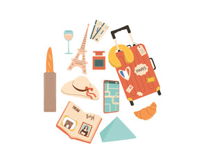 Travel France elements circle composition. Tourism to Paris items in round shape isolated on white background. Suitcase, ticket diary wine and symbols of country. Vector flat illustration