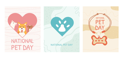 National Pet Day cards set. Domestic animal holiday design greeting banner, poster. Awareness about shelter for homeless animals. Vector flat illustration