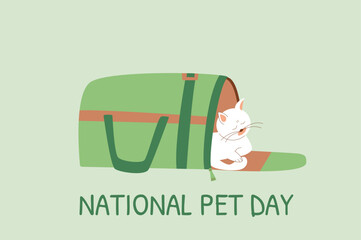 National Pet Day cards set. Cat sleeping in carrier. Domestic animal holiday design greeting banner, poster. Awareness about shelter for homeless animals. Vector flat illustration