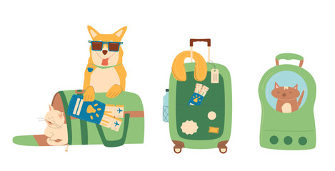 Travel with pets set. Trip with cats and dogs. Suitcase transportation box and backpack carrier, passport with tickets and domestic animals. Vector illustration