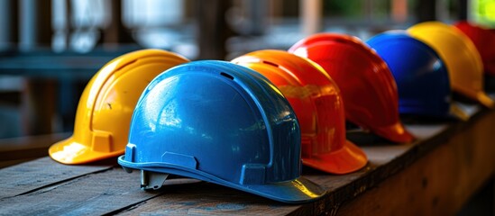 Safety helmets in a row on table background construction site and copy space