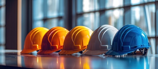Safety helmets in a row on table background construction site and copy space