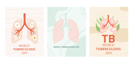 World tuberculosis day banners template set. Awareness about tb disease cards. Vector flat illustration