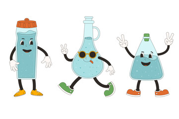 Bottles of water groovy characters set. Drink rubber hose animation style retro cartoon mascot. Beverage cute anthropomorphic. Drink more water. Wellness vector flat illustration isolated