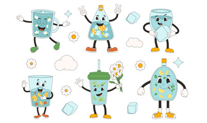 Bottle and glass of water retro cartoon mascots set. Soft drink rubber hose animation style groovy characters collection. Beverage cute anthropomorphic. Wellness and good habit vector illustration