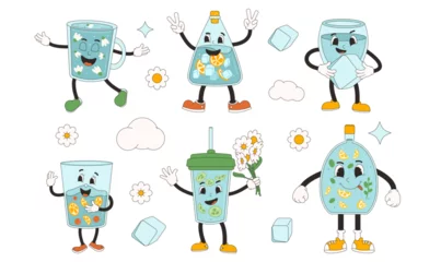 Fototapete Roboter Bottle and glass of water retro cartoon mascots set. Soft drink rubber hose animation style groovy characters collection. Beverage cute anthropomorphic. Wellness and good habit vector illustration