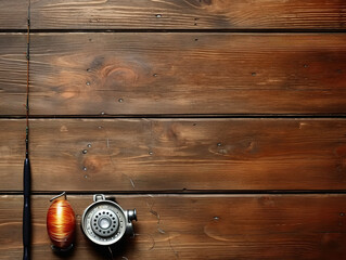 Fishing rod and fishing reel on wooden backdrop