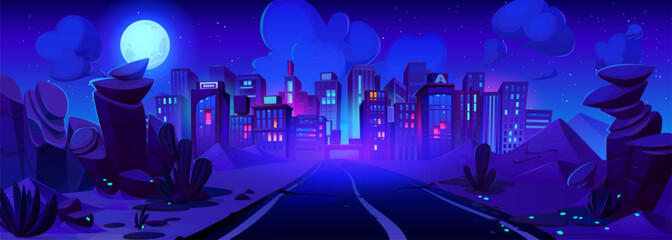 Road lead to modern city with high buildings at night. Cartoon dark blue panoramic urban landscape with neon lights in town. Way to metropolis with stones on roadside and full moon light at midnight.