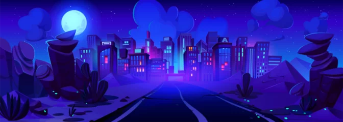 Foto op Plexiglas Road lead to modern city with high buildings at night. Cartoon dark blue panoramic urban landscape with neon lights in town. Way to metropolis with stones on roadside and full moon light at midnight. © klyaksun