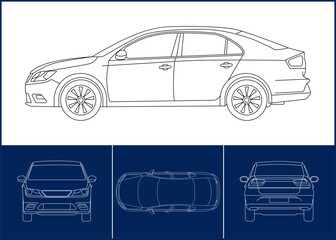 Car template. Transportation outline stroke template. Blueprint layout. Wrap sticker, air brush, vynils, recolor project. Vector eps 10