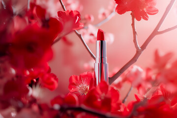 A vibrant red lipstick is placed on the very top of a tree trunk, standing out against the red leaves