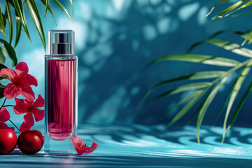 A pink bottle of perfume is placed next to a green plant, creating a simple yet elegant composition